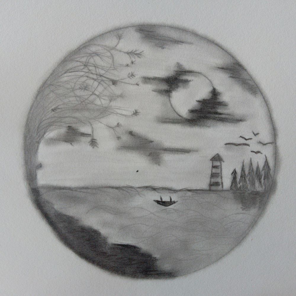Bleistiftzeichnung von einem See mit Boot, Leuchtturm und Wolken.