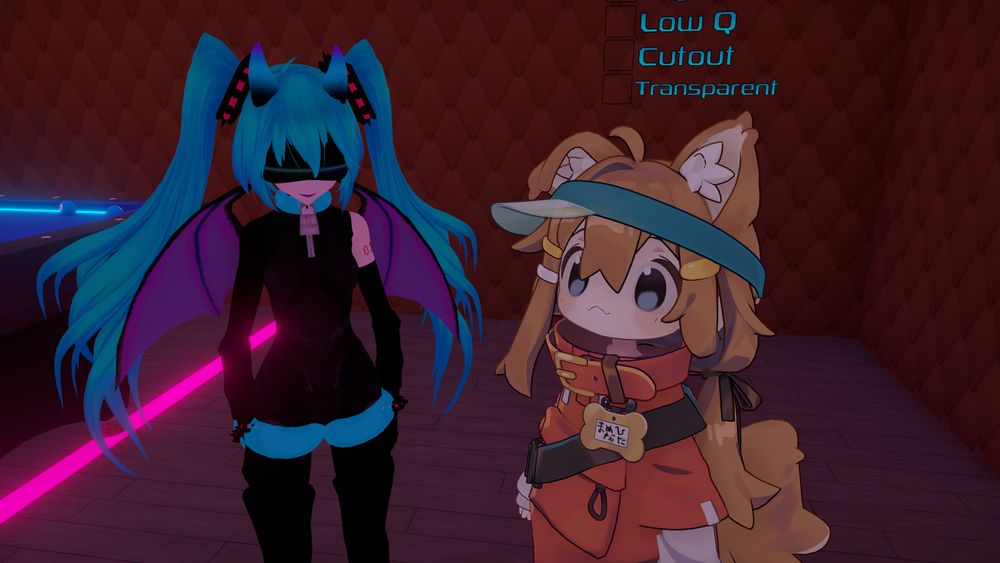 VRChat screenshot of a Hatsune Miku avatar on the left side and a Mamehinata (dog girl) avatar on the right side.
