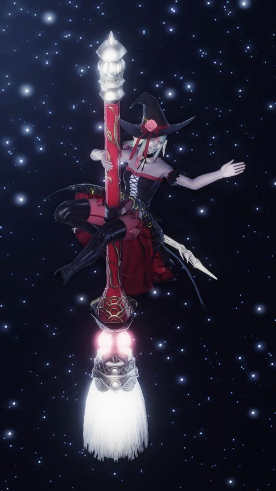Witch riding a boom with the starry sky behind