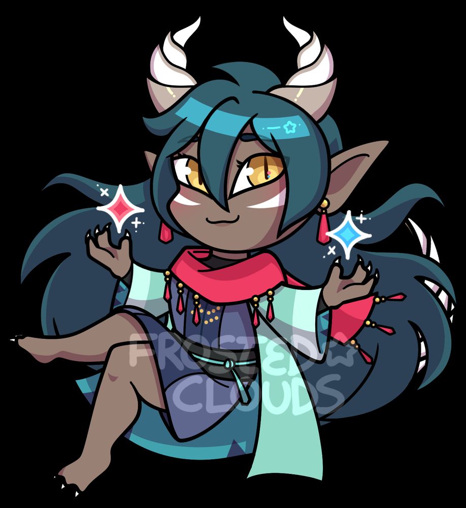 [fields of mistria spoilers] a chibi of caldarus' human form floating in his spring outfit holding balls of magic in both hands 