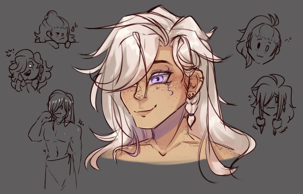 a bust sketch of a man with messy white hair surrounded by small uncolored chibi sketches 