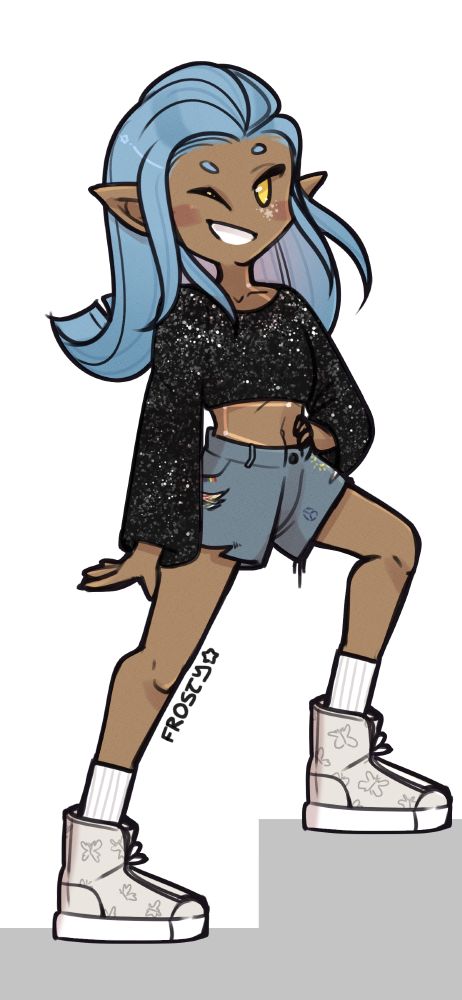a tall, thin woman with long pointed ears and straight blue hair in a black sequin crop top, ripped denim shorts, and platform high tops with a butterfly pattern 