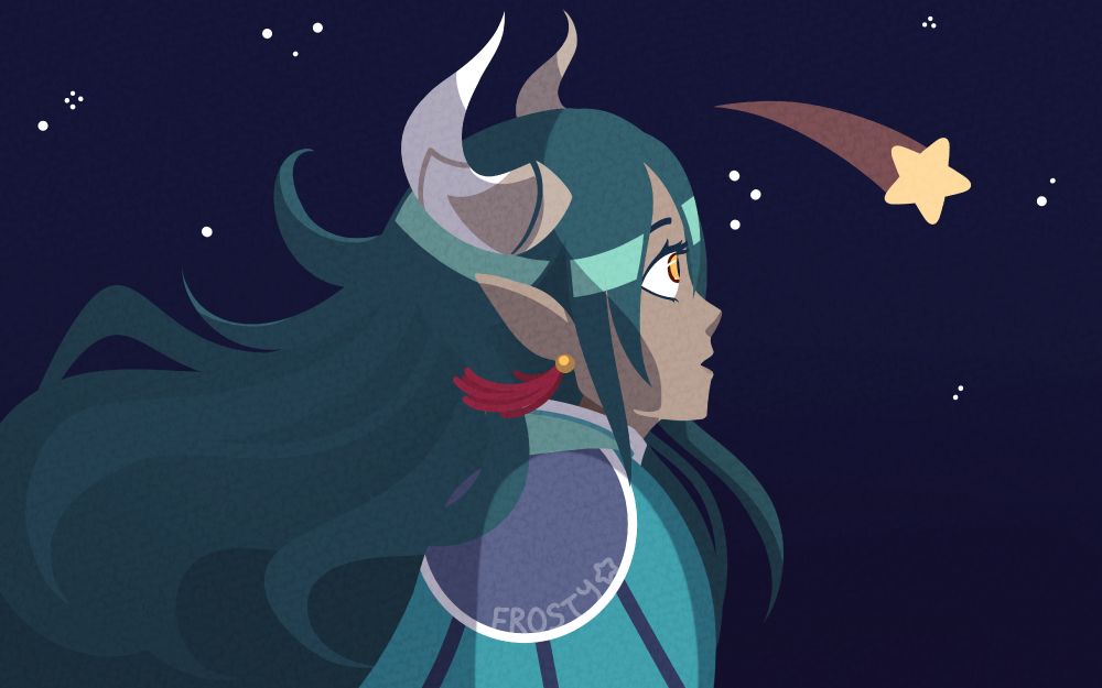 fields of mistria spoilers. a shoulder-up limited palette digital illustration of caldarus looking at a shooting star!