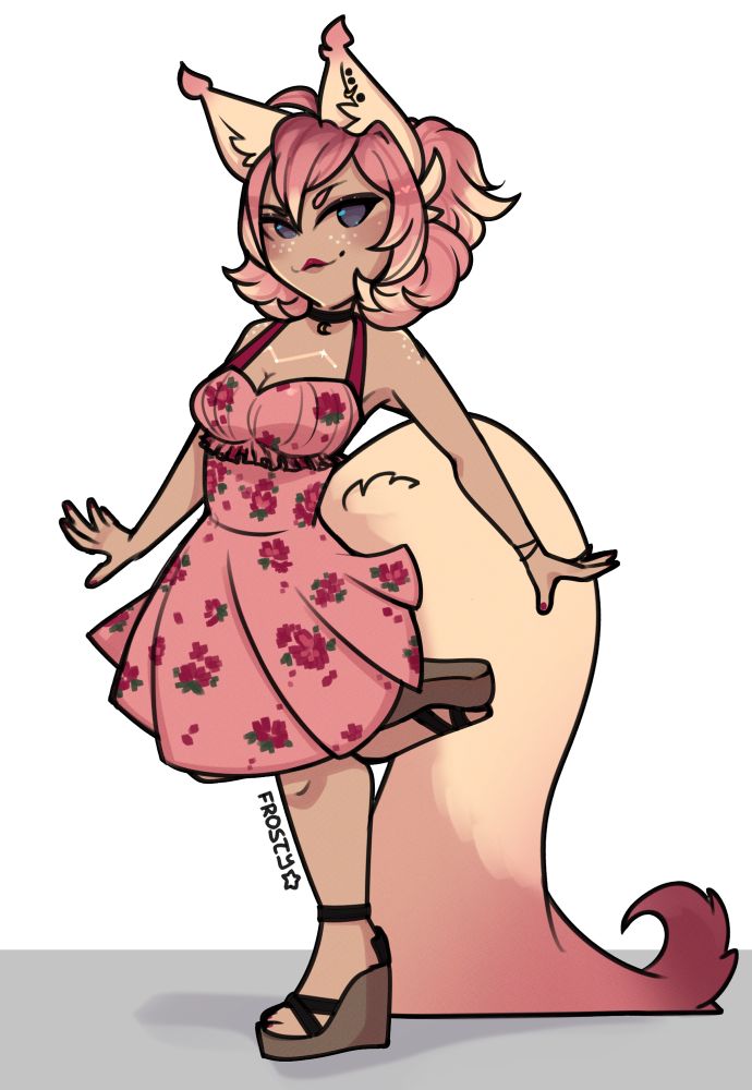a kitsune girl with short pink hair and a long, fluffy blonde and pink tail posing in a pink, flower-print mini dress and wedge sandals 