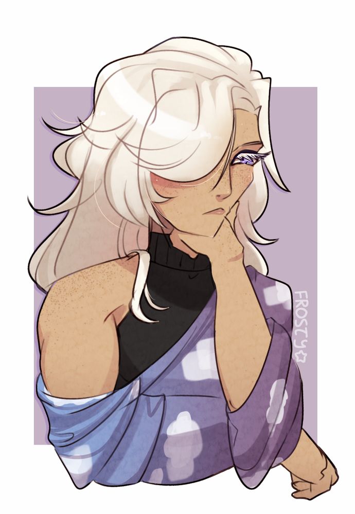 a digital half body sketch of a feminine man with spiky white hair in a loose, cloud-patterned sweater (original character silas)