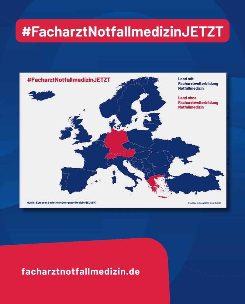 Karte die Europa, die markiert, wo es eine Facharztweiterbildung Notfallmedizin gibt. Nur Griechenland, Österreich, die Schweiz und Deutschland sind rot markiert.