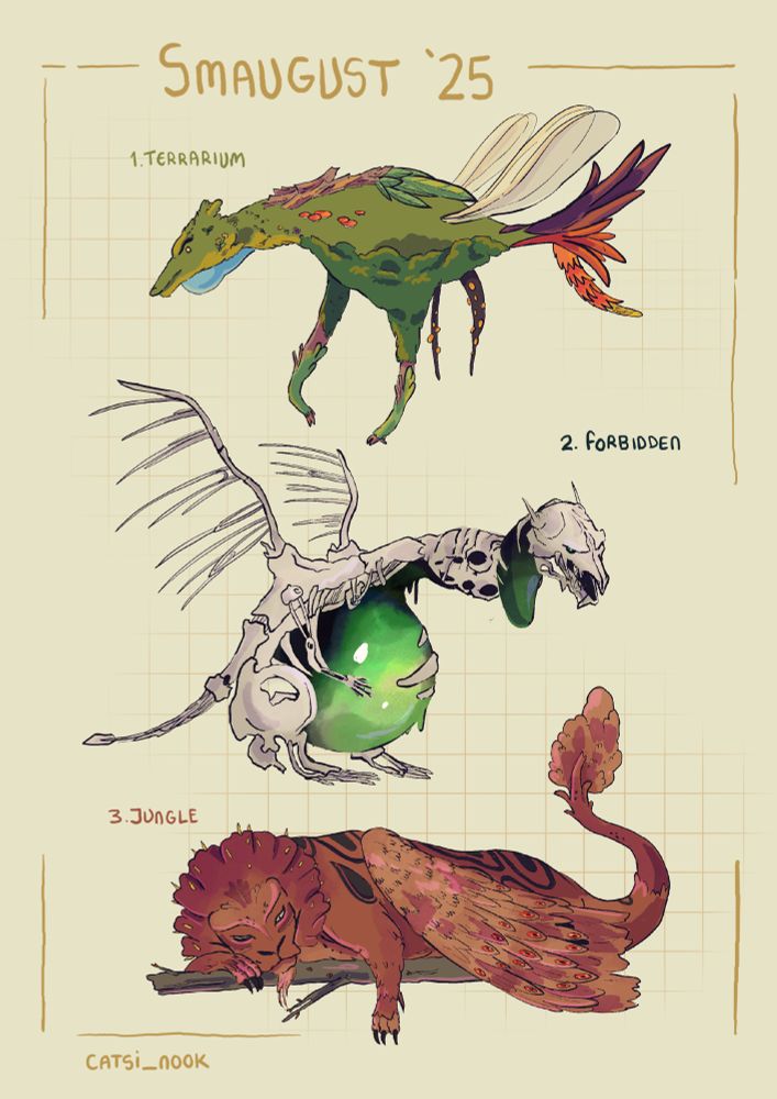 Three illustrations of dragons. Top: Terrarium dragon, Middle: Forbidden dragon, Bottom: Jungle dragon. 