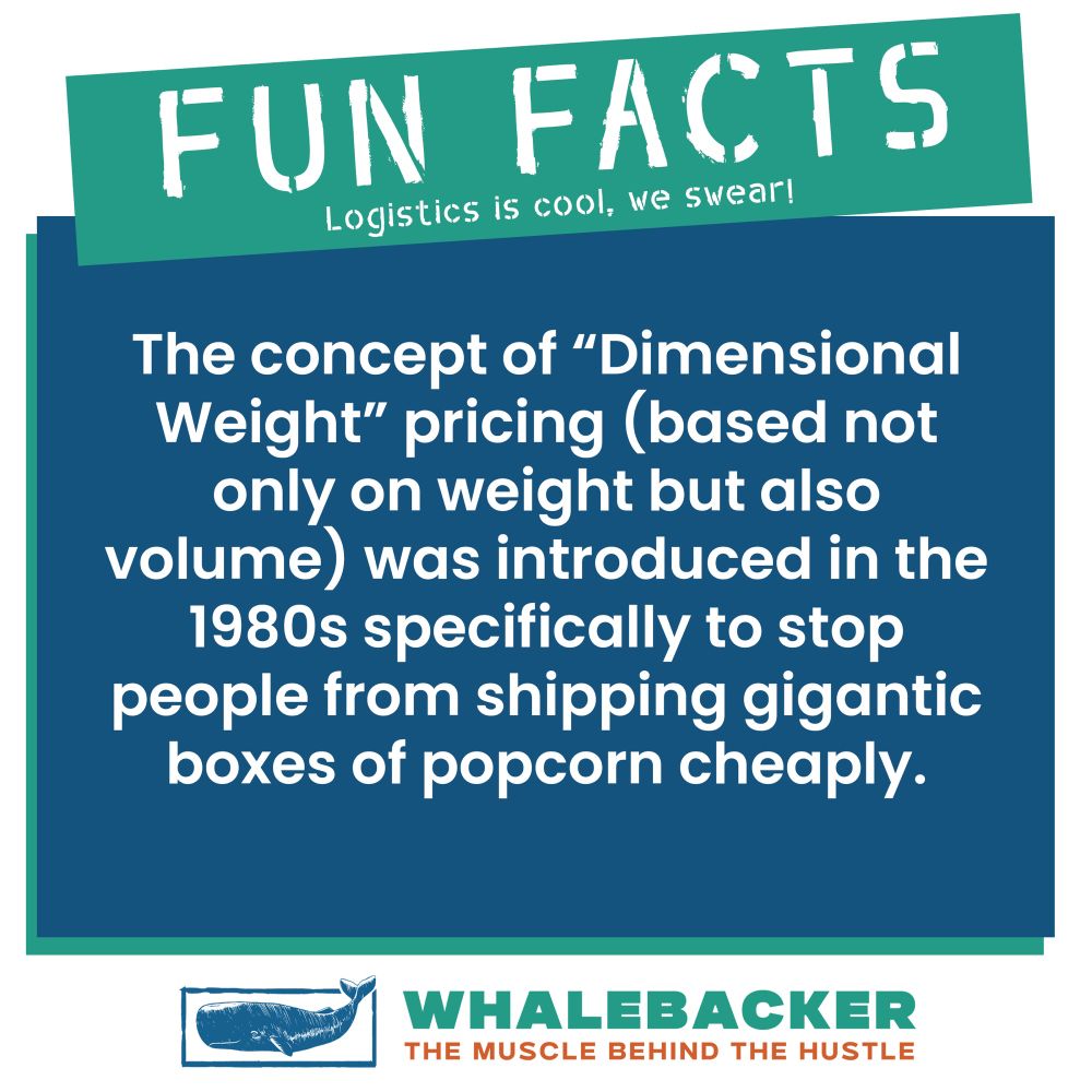 FUN FACTS
Logistics is cool, we swear!
The concept of "Dimensional Weight" pricing (based not only on weight but also volume) was introduced in the 1980s specifically to stop people from shipping gigantic boxes of popcorn cheaply.