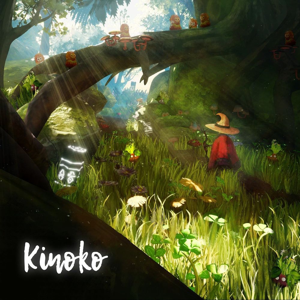 A promotional poster for the game Kinoko, showing the titular character in their red coat and oversized witchy hat, standing in a lush green forest.
