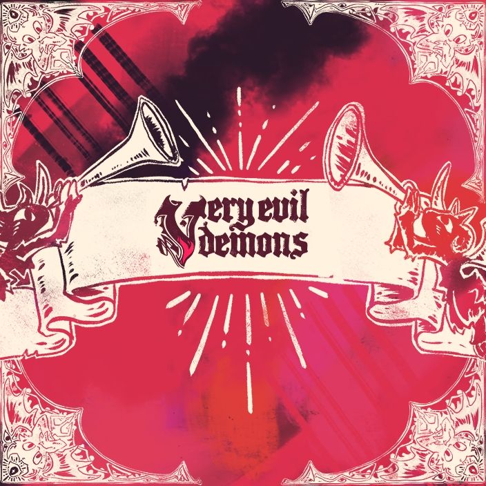 A banner graphic for Very Evil Demons, with two little imp characters blowing trumpets on either side of the logo.