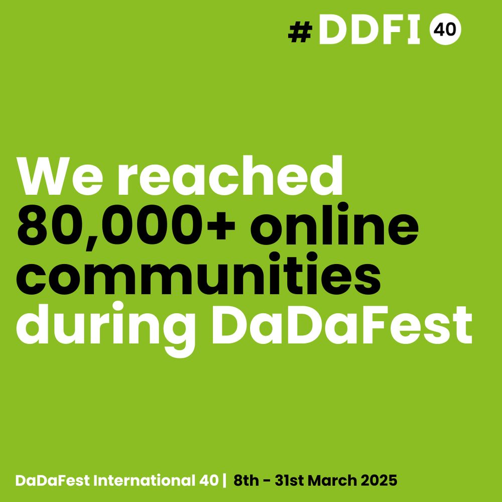 A green graphic background. The following text features: We reached 80,000+ online communities during DaDaFest. DaDaFest International 40 |  8th - 31st March 2025, along with a hashtag beside the DDFI40 logo.