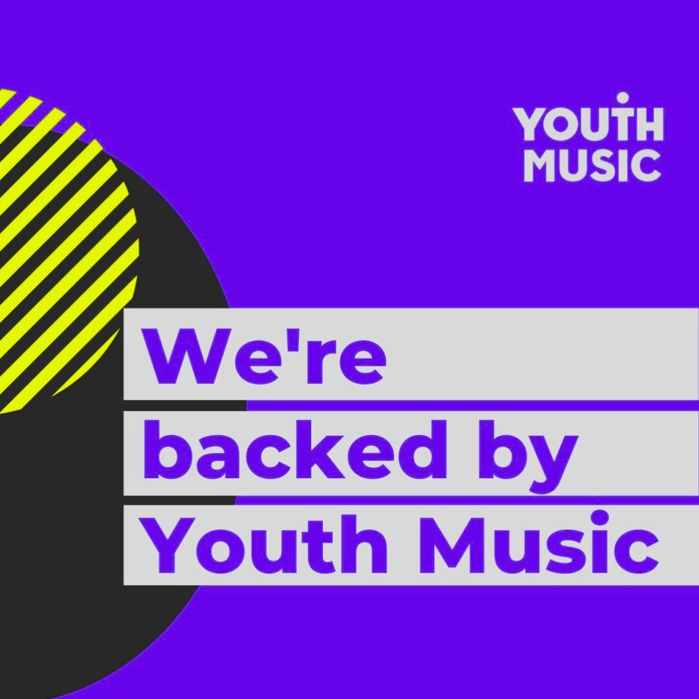 Graphic with a bold purple background featuring the text "We're backed by Youth Music" in large, vibrant purple letters on a light grey background. The Youth Music logo is displayed in the top right corner, and a black circle with yellow diagonal stripes partially appears in the top left corner, adding a dynamic visual element.

