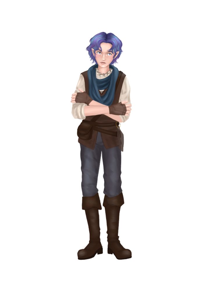 Full body commission of a young skinny and androgynous looking half-elf wearing dark trousers, boots and a brown vest over a white shirt with rolled up sleeves. He has a blue scarf loosely wrapped around his neck, is wearing fingerless leather gloves and a belt with a small pouch and a piece of slightly translucent cloth attached to it. He has fair skin, short-ish blue and lilac hair and large light coloured eyes. He has his arms crossed in a protective manner and is looking to the side, making him appear slightly anxious and defensive.