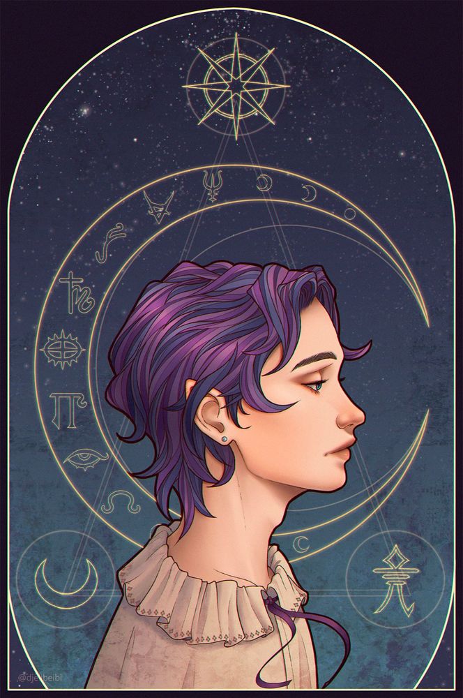 Art nouveau style inspired side profile of a young androgynous looking half-elf with pale skin and mid length purple and blue hair wearing a white shirt with a slightly frilly collar. The night sky like background includes a stylised moon and different symbols related to magic.