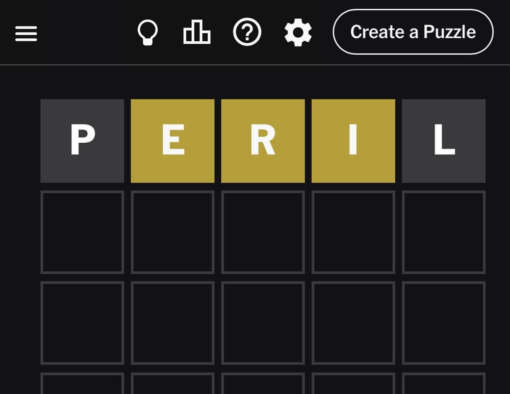 “Peril” on Wordle. Not the correct answer. 