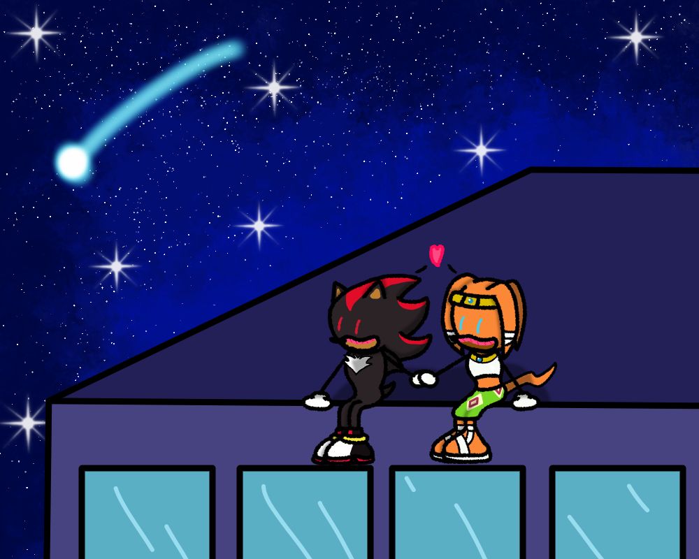 Shadow and Tikal sitting atop a building at night, watching the stars and holding hands lovingly
