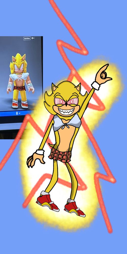 Fleetway Super Sonic; wearing a crop top, miniskirt, and soap shoes; striking a pose