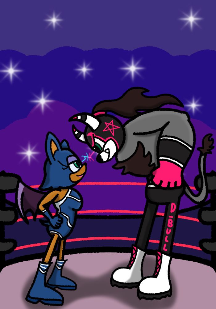 De-Bull (Grit) and La Ladrona (Rouge) staring down in the middle of the ring