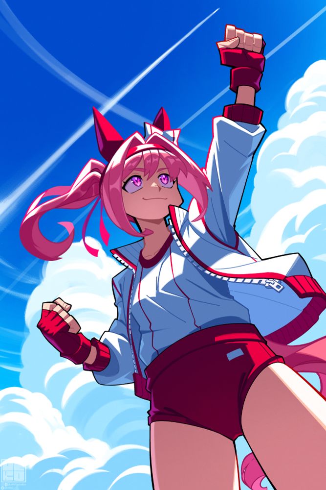 Haru Urara of Uma Musume raising her fist towards the skies, with a determined look on her face