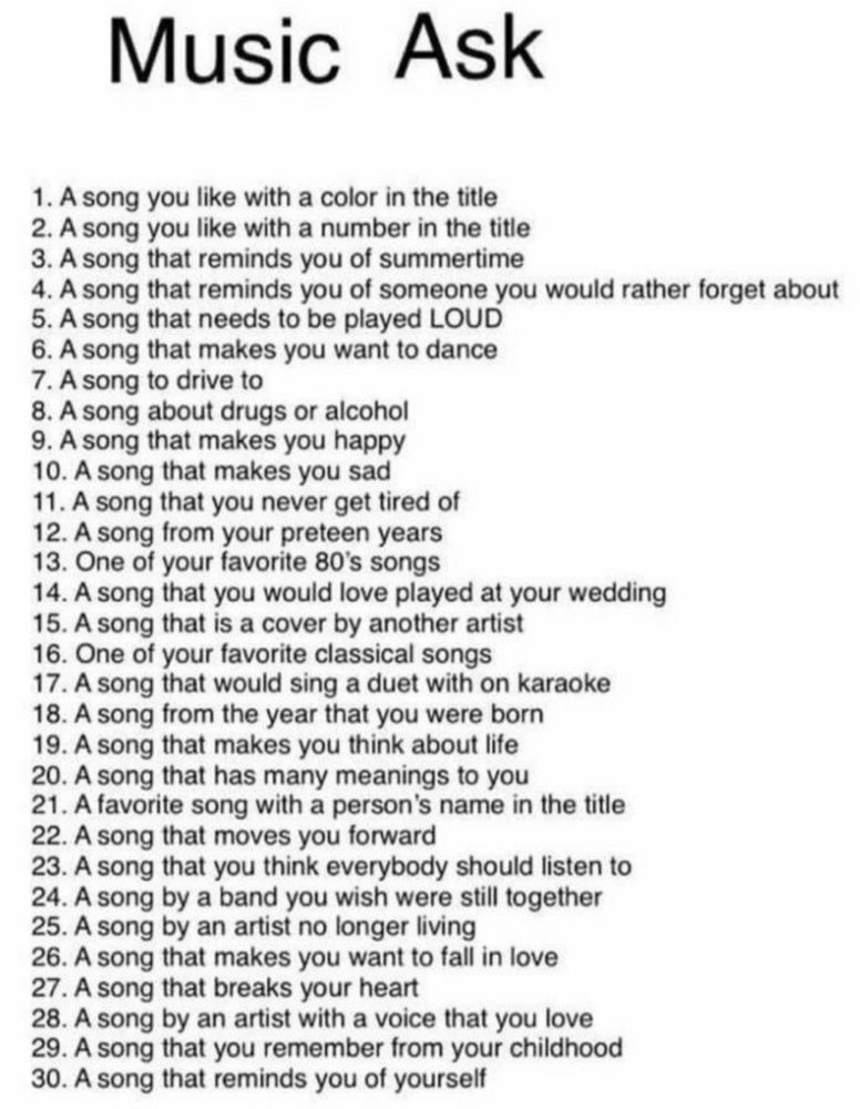 A list of 30 questions about song titles.