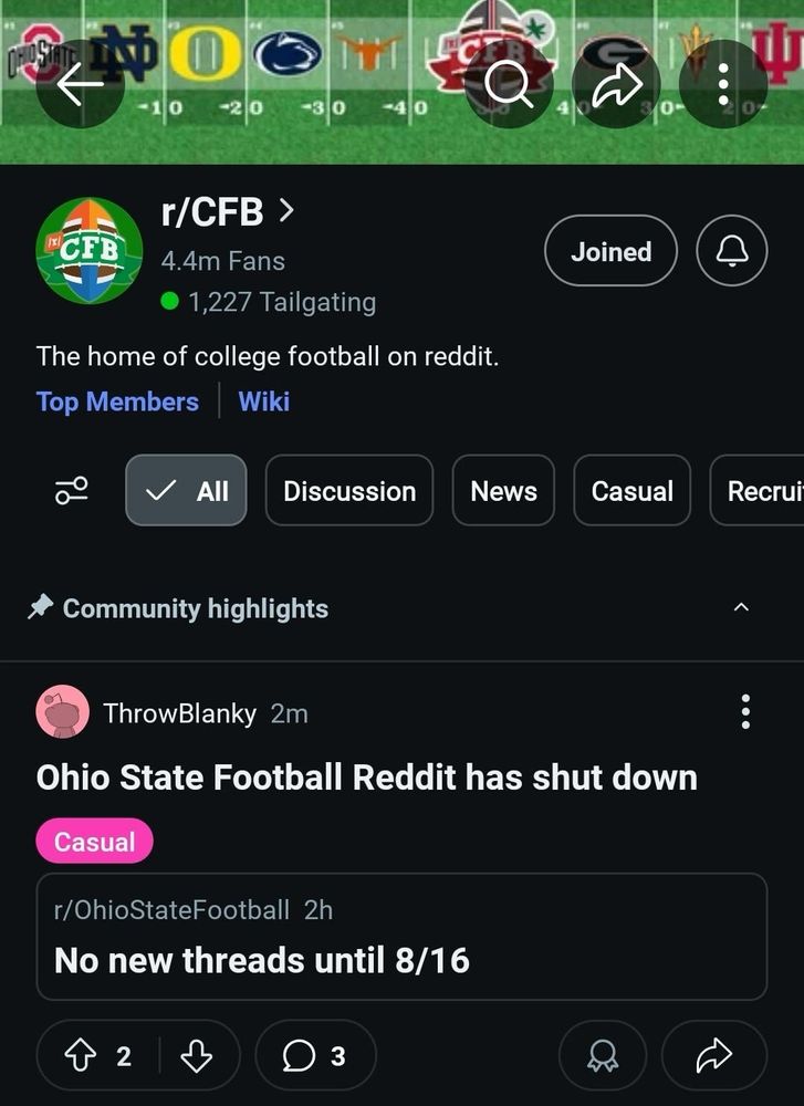 A screenshot showing that the official subreddit of Ohio State Buckeyes Football has closed for 24 hours due to countless fans complaining and being angry that Michigan Football did not get punished for something that wasn’t against the rules. 