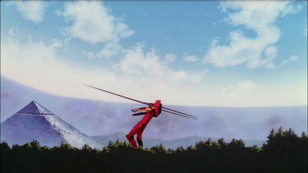 Unit 02 falling after the Lance of Longinus pierces its head