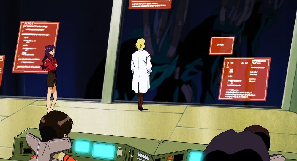 Misato, Maya, and Ritsuko in the testing room