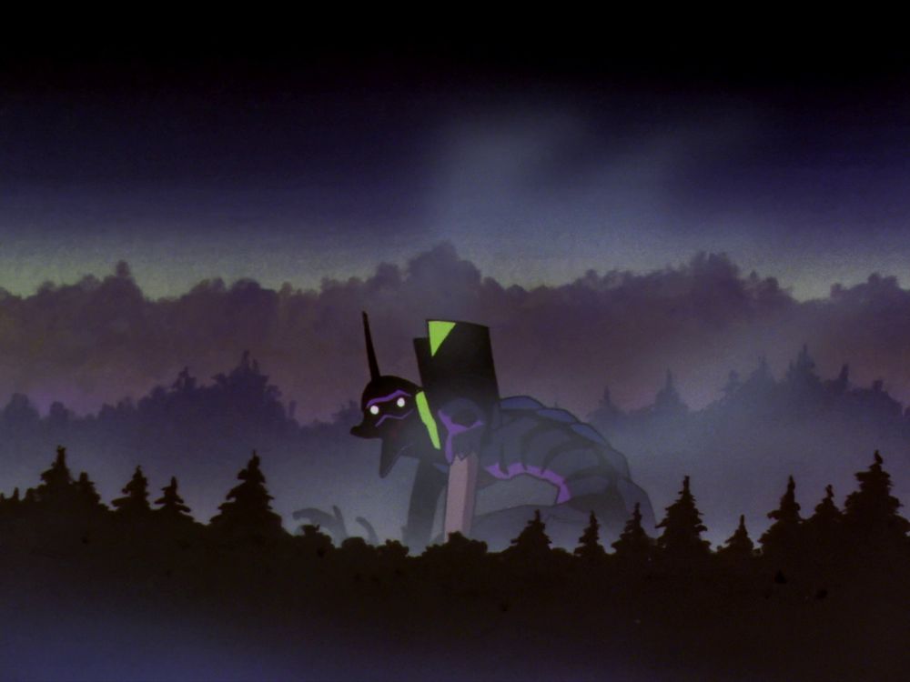Unit 01's eyes glowing as it's hunched over
