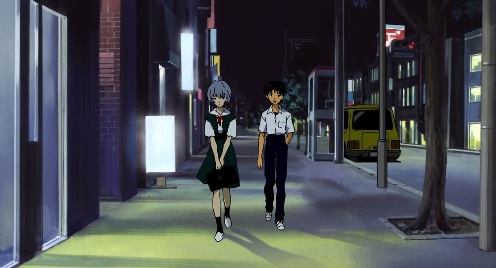 Rei and Shinji walking together at night