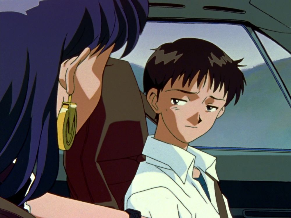 Shinji giving Misato an incredulous look