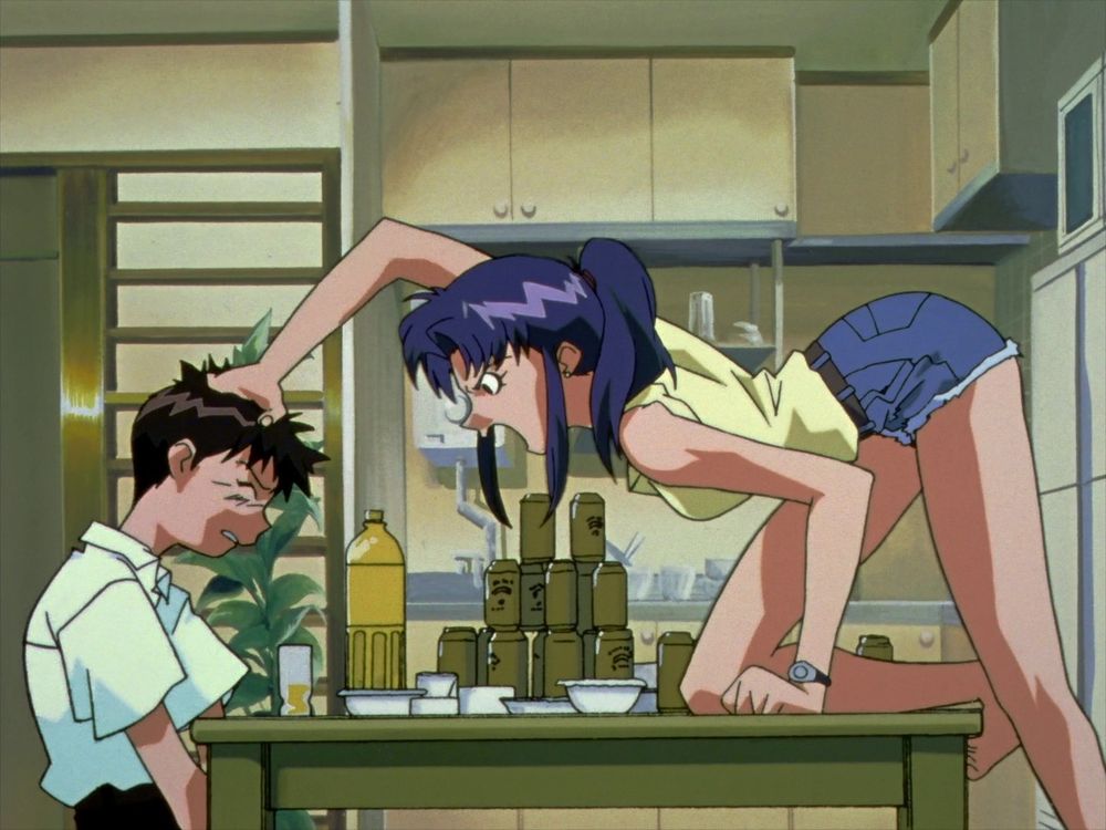 Misato on top of the table harassing Shinji