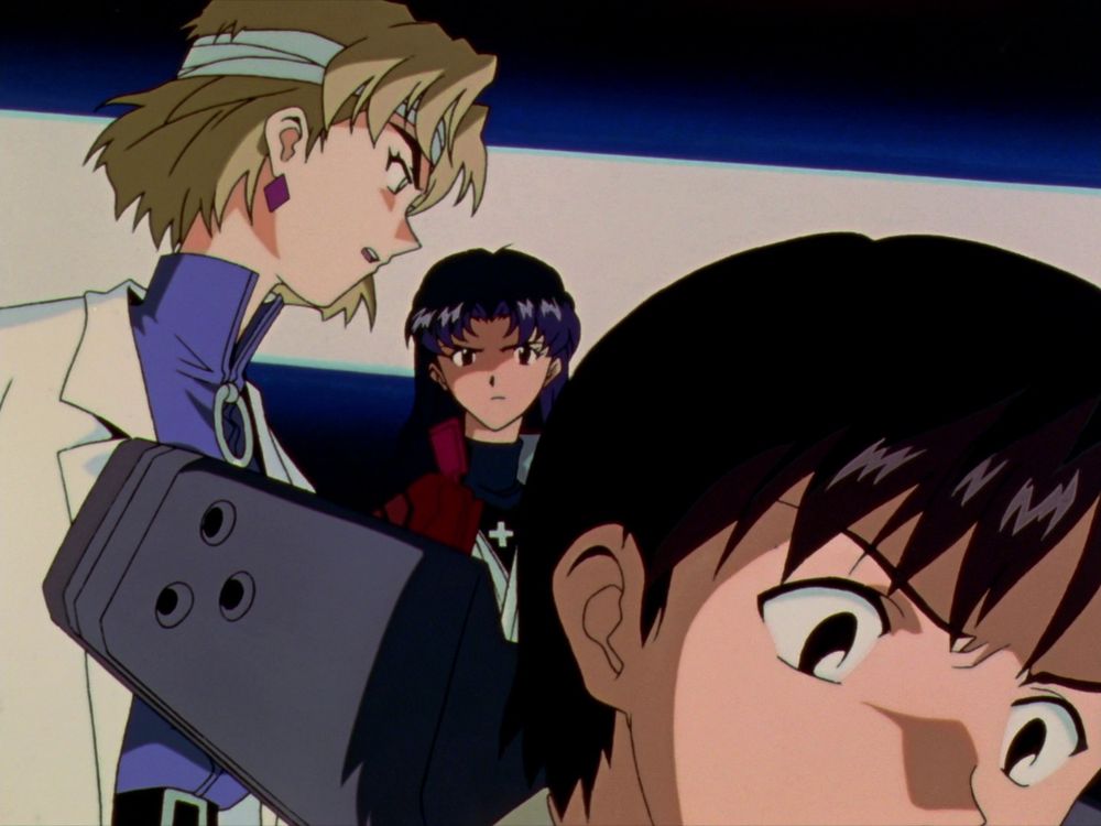 Ritsuko, Misato, and Maya on the command center bridge