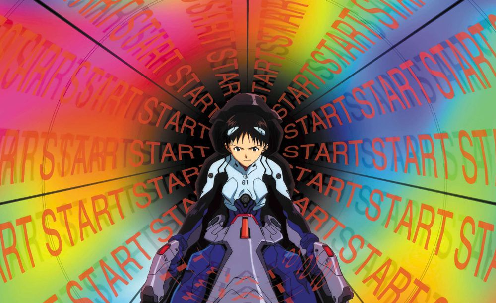 Shinji in the entry plug with the screen saying "START" numerous times.