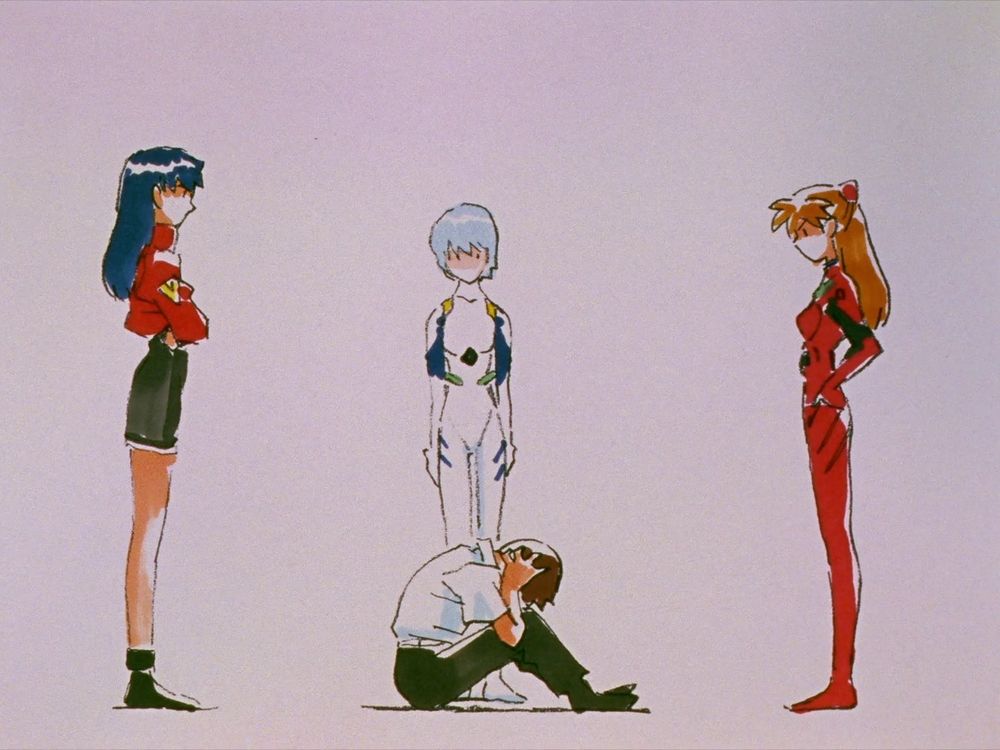 Misato, Rei, and Asuka silently judging a cowering Shinji