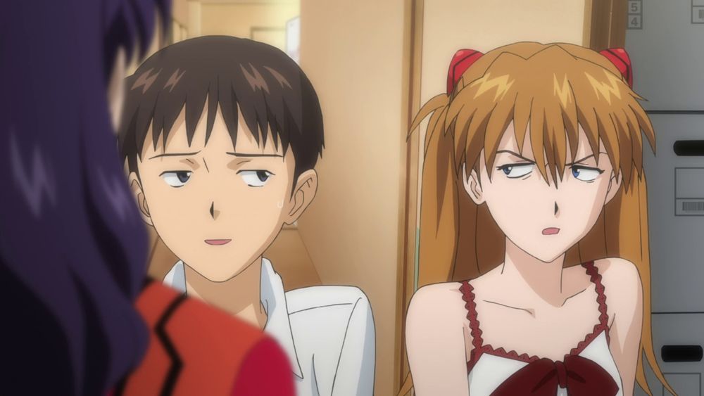 Misato looking at Shinji and Asuka, while they look at each other