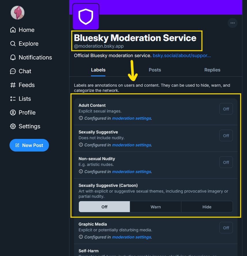 On the Bluesky Moderation Service page, some of the previous content filters are shown again (their status reflects your changes made in the Moderation settings), but many more filters are now present as well, such as Sexually Suggestive (Cartoon), Intolerance, Spam, etc.

Sexually Suggestive (Cartoon) is applied to some (but not all) nsfw artwork by Bluesky's automated moderation, meaning you may have all other adult content filters turned off and still not see certain images. Automated content labels can be appealed by the original poster if they believe the label is incorrect, however, many people likely don't know about this (click the "X label has been placed on this content" button and click Appeal)

I've seen a number of people wondering why certain posts are hidden despite the settings they've changed on the Moderation page because they didn't know about the Bluesky Moderation Service page, so be sure to navigate to this page and adjust these settings accordingly