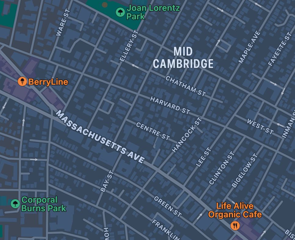 Apple Maps showing an area it calls “Mid Cambridge” in Cambridge, MA