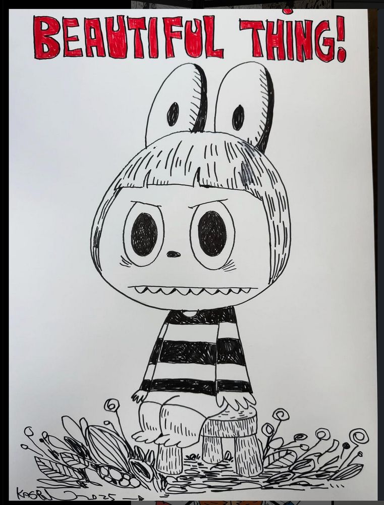 a hand drawing of a labubu by artist and labubu creator Kasing Lung. This labubu wears a bob wig and has somewhat angry eyebrows and is sitting amongst flowers wearing a striped shirt and shorts. In red letters, contrasted with the black-and-white drawing, are the words BEAUTIFUL THING!