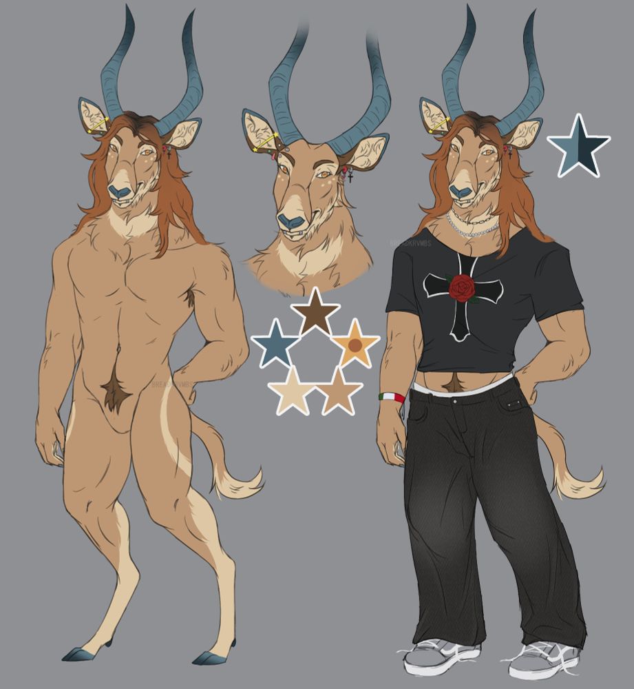 reference image for a light brown waterbuck character featuring an outfit for him