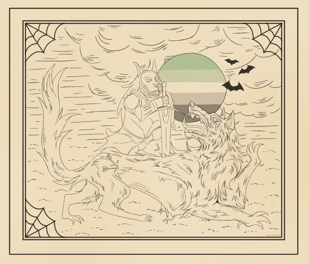 depiction of a wolf beast being slain by a dog knight (my character) in a medieval artstyle
the moon has the aromantic pride flag