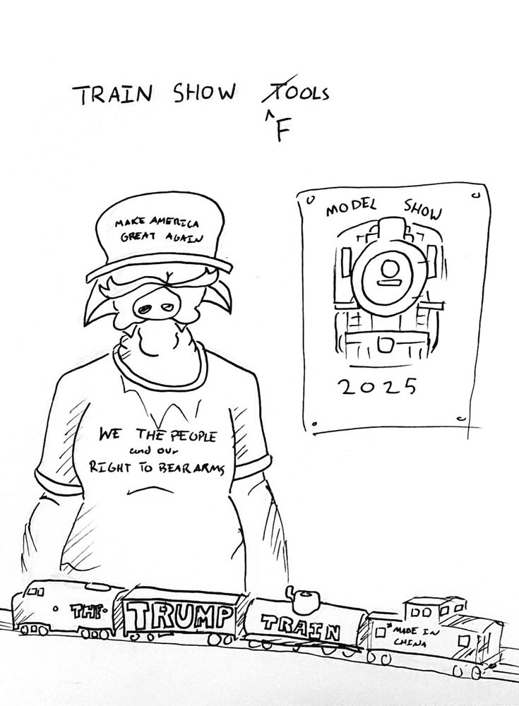 Comic saying "Train Show Fools" illustrating a pig in MAGA outfit running a "Trump Train" at a train show. The caboose of the train has "Made in China" on it.