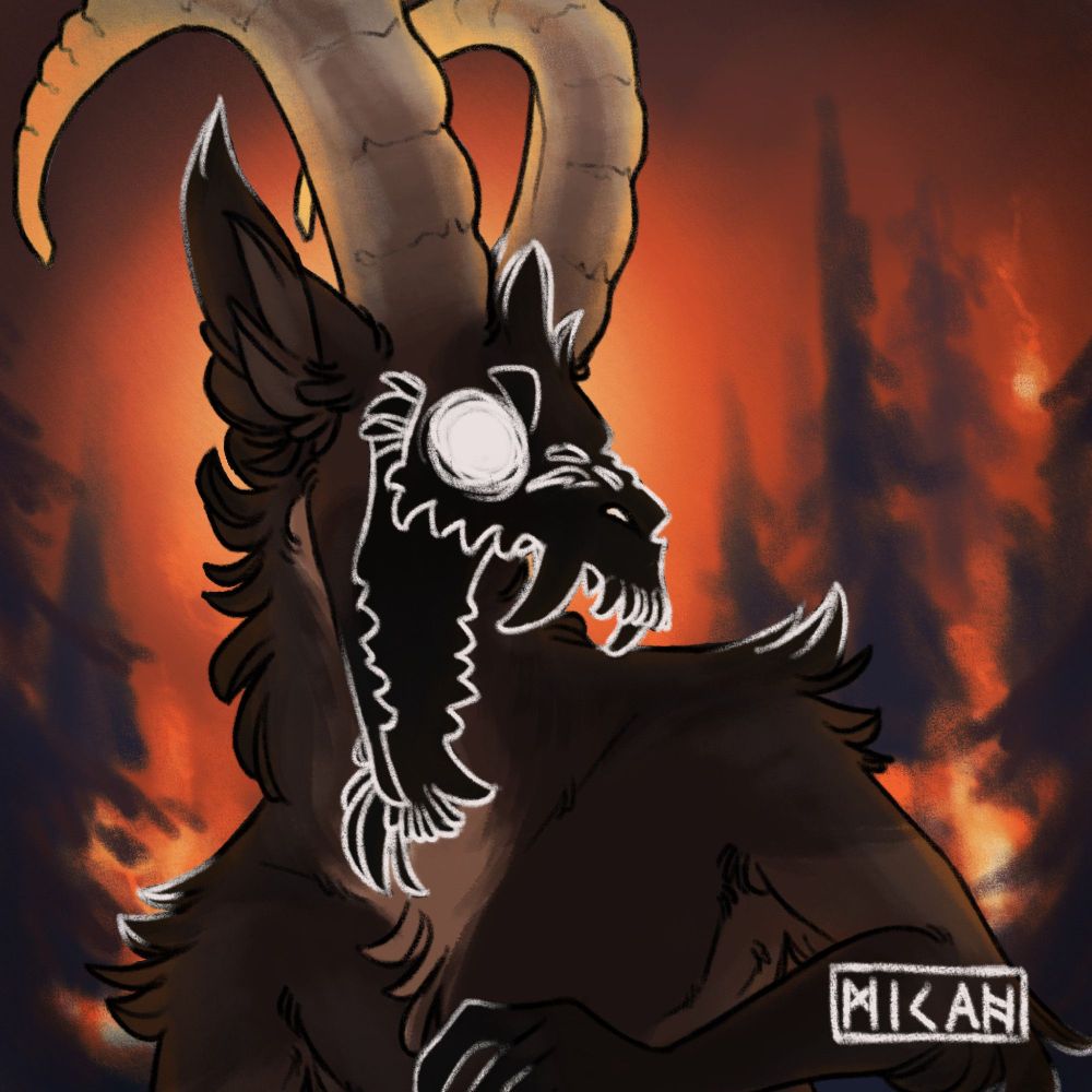 An anthropomorphic bezoar ibex with sharp, canine-like teeth in front of a burning forest.