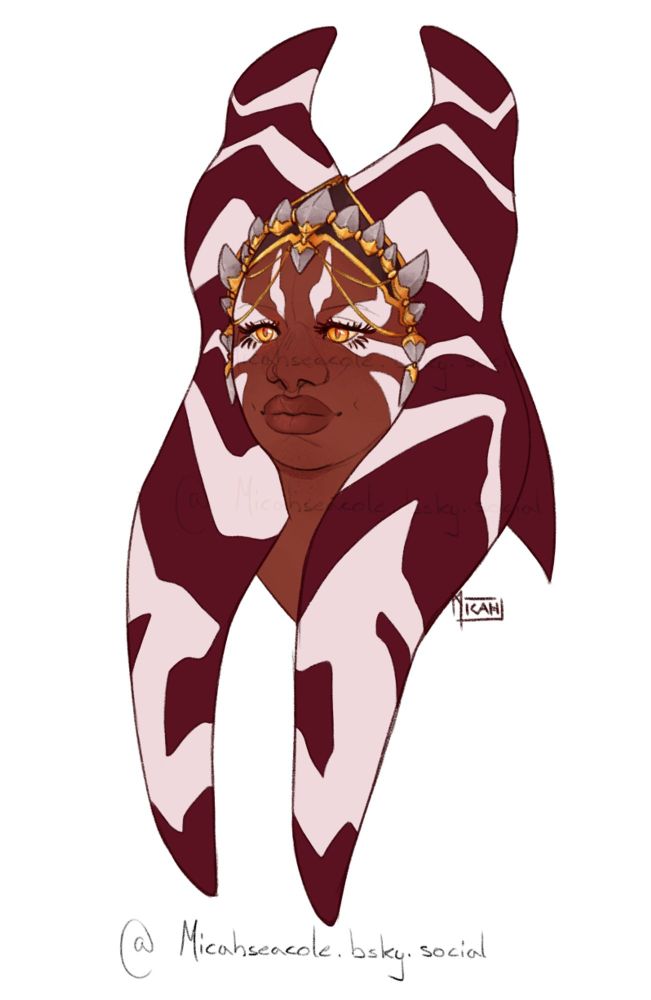 A portrait of a female Togruta. She has a round face, thick, mid length montrals (the head tails) and intricate patterns covering her face and montrals.
She is wearing a silver and gold akul head dress.
She has a calm and kind expression.