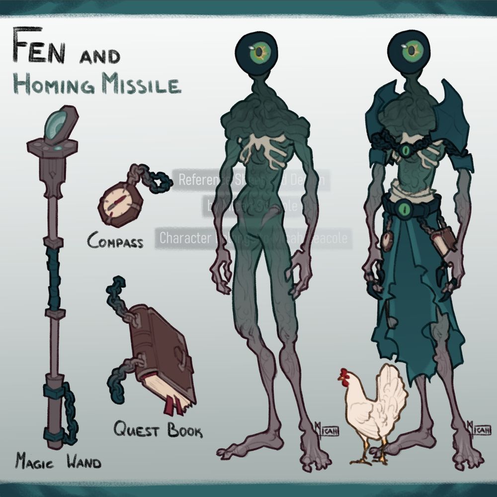 simple square reference sheet of my OCs Fen and Homing Missile. Fen is a tall humanoid with green and grey skin, visible ribs and muscles coiling like parasites to form his chest and neck. His head is a singular dark eyeball. He wears dark petrol armor and a tattered skirt held up by a belt. Homing Missile is a normal sized white chicken with yellow legs and a red waddle and comb. Detail shots of a compass, quest book and magic wand are on the left.