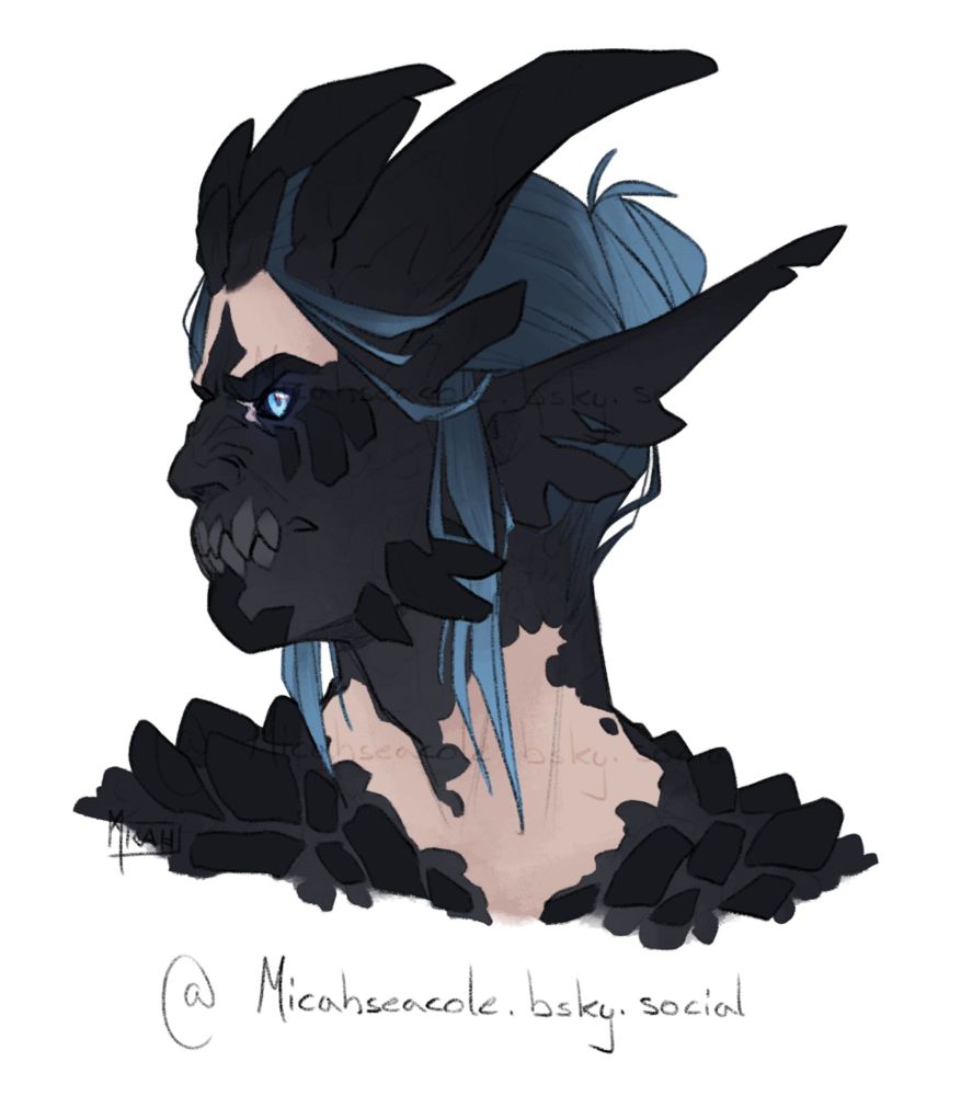 A portrait of a dragon/human character. His scales are dark grey and black and cover most of his skin, he also has multiple horns framing his face. They look a bit like a crown. His visible ear has a tear in it.
His eyes are pale blue.
He looks very pissed off, like he is about to snarl at someone off screen.