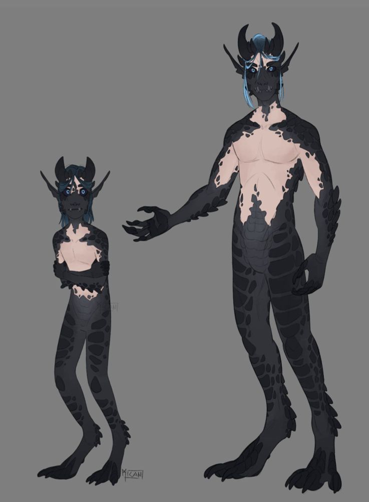 the same character standing next to a child version of himself.
They both have dark scales covering most of their body and digitigrade, reptilian legs.
The child is 140cm tall, thin, scrawny and looks spooked. The adult version is 197cm tall, buff and looks mildly angry.