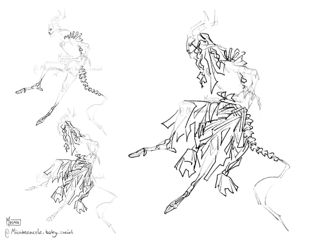 digital sketch, a satyr like figure floating. He has large goat horns, visible vertebrae all down his back and his legs are partially skeletal. He wears a skirt made of tattered strips of fabric, parts are braided together. Two smaller almost sketches to the left show just the bones and just the skirt superimposed on a basic body.