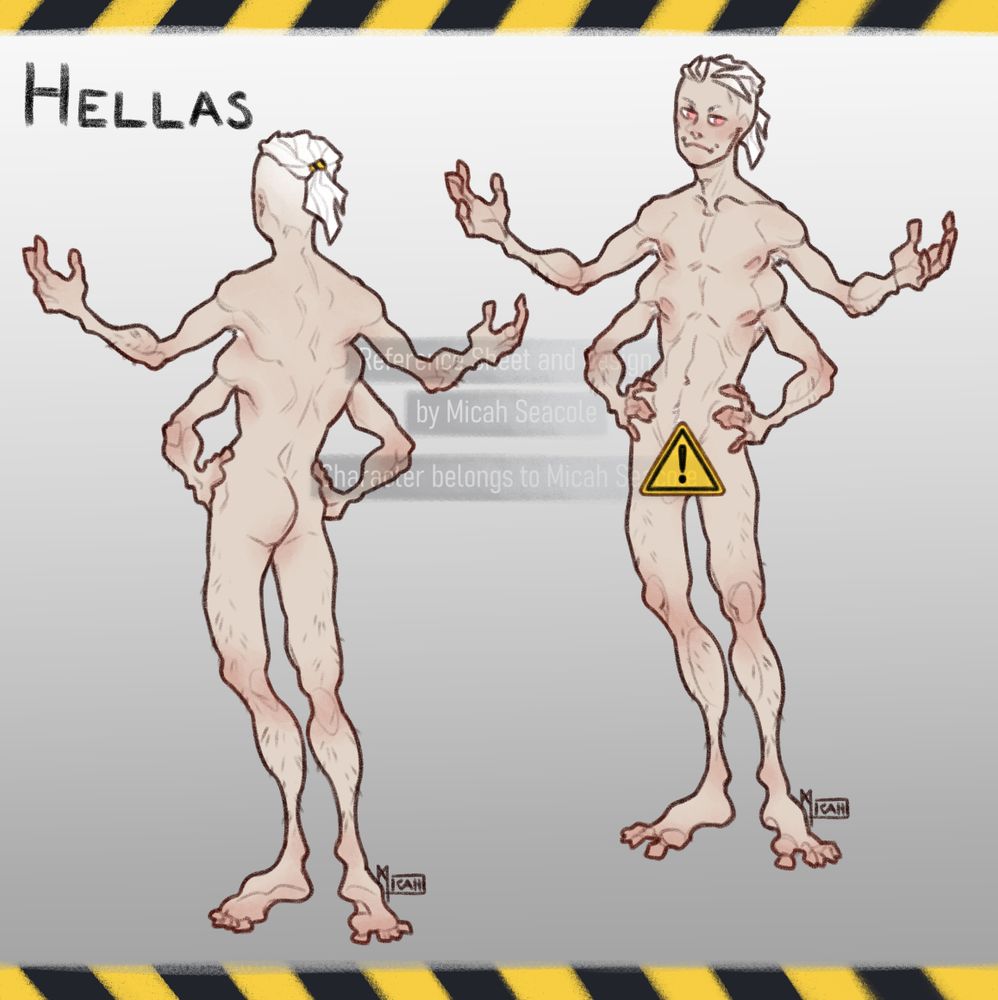 The same reference but naked, with a yellow and black triangle with an exclamation mark covering his crotch as a censor. He is skinny, long limbed and very gangly looking.