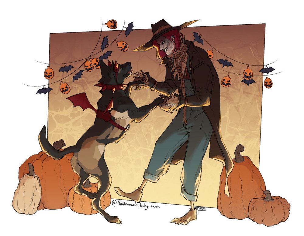 Ilya in a scarecrow costume dancing with his dog Rakki who wears demon wings and horns. there are pumpkins and Halloween decorations in the background.