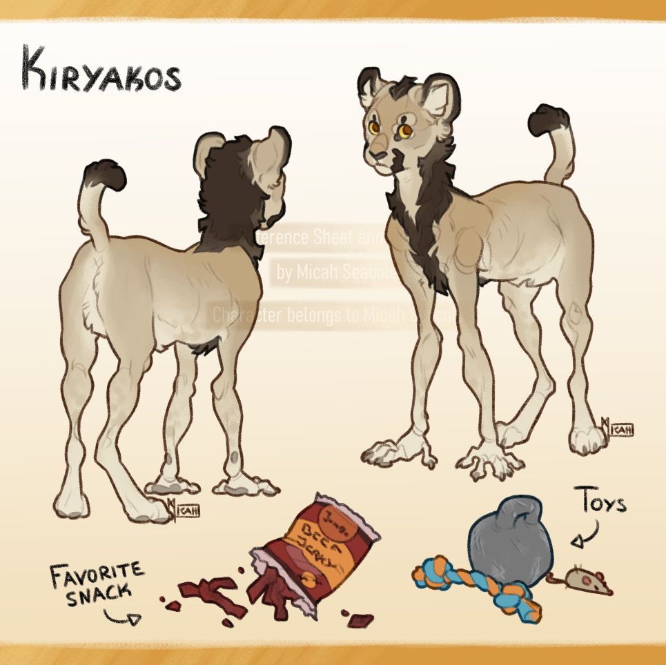 simple square reference sheet of my OC Kyriakos. He is a human/lion sphinx with very animal like features, except for his front legs and paws which look very similar to human arms and hands. His fur is pale beige, his short mane is brown, as is the tip of his short tail, his eyes are big and round and gold. An open bag of beef jerky and some tug toys are at the bottom of the ref sheet.